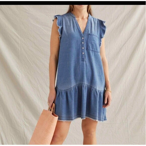 Anthropologie Dresses & Skirts - Chambray V-Neck Ruffle Sleeve Mini Dress - Blue